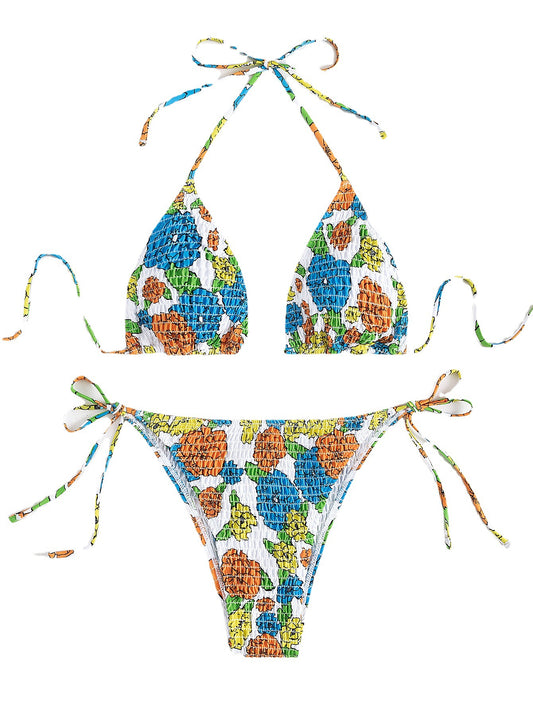 Bikini sexy con cordones y abertura para mujer, traje de baño plisado con cuello halter y estampado floral