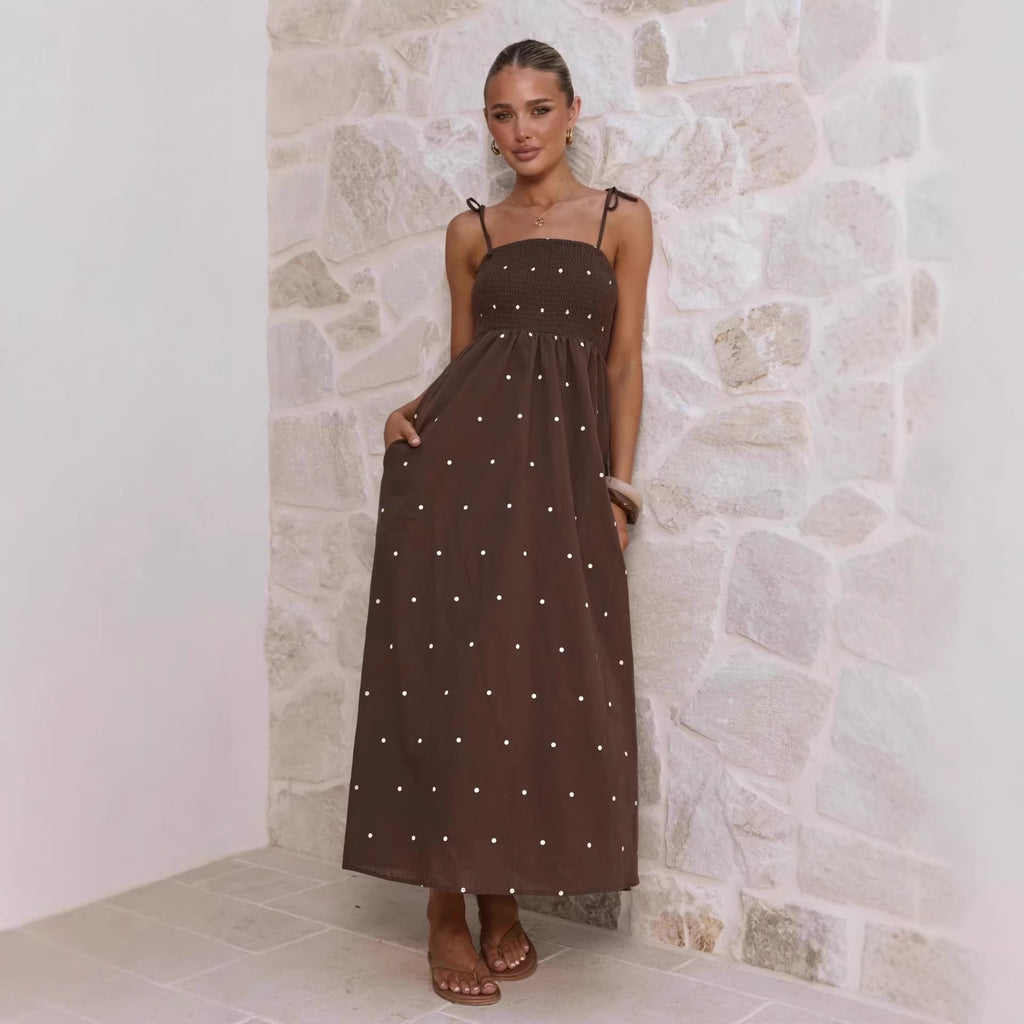Polka Dot Printing Slip Dress Summer Tied High Waist Dress Women Dress Zemy