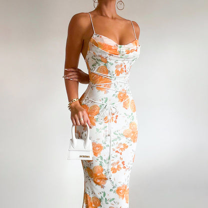 Spring Waist Controlled Long Spaghetti Strap Floral Print Slim Fit Lace up Dress