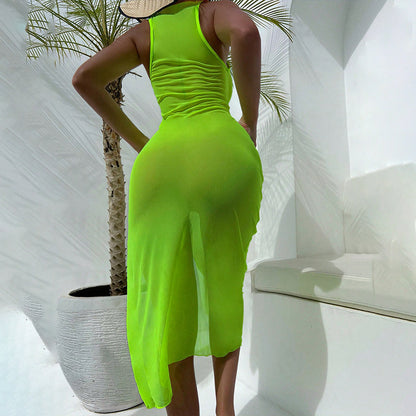 Solid Color Mesh See through Sexy Beach Dress Swimsuit Women Long Blouse Sunscreen Swimwear