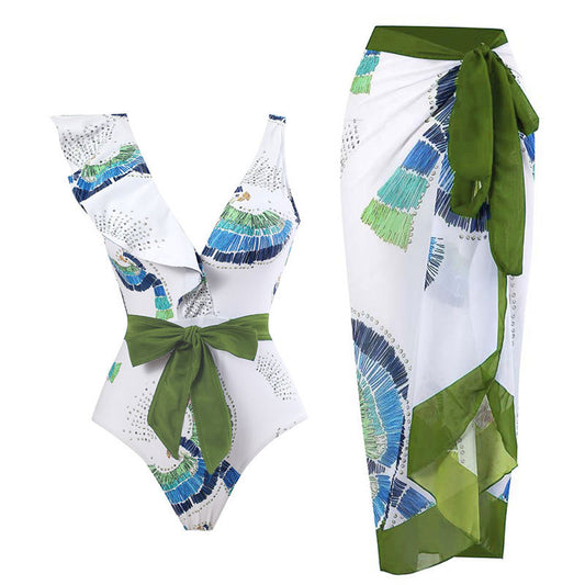 Traje de baño sexy para mujer, traje de baño vintage con volantes, bikini de gasa, conjunto de falda de playa