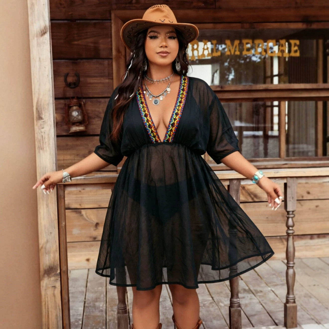Plus Size Summer Beach Dress Women Solid Color Sexy See through Ribbon Beach Bikini Swimsuit Blouse Vacation CYSM