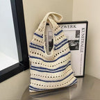 Bolso de hombro a rayas de hilo de algodón tejido, de gran capacidad, con aberturas, de paja, para playa y vacaciones. 