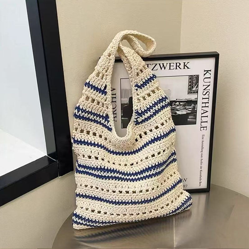 Bolso de hombro a rayas de hilo de algodón tejido, de gran capacidad, con aberturas, de paja, para playa y vacaciones. 
