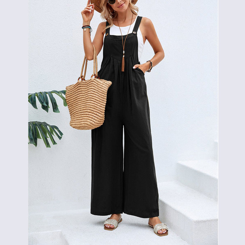 Pantalones de tirantes casuales de color sólido populares para mujer