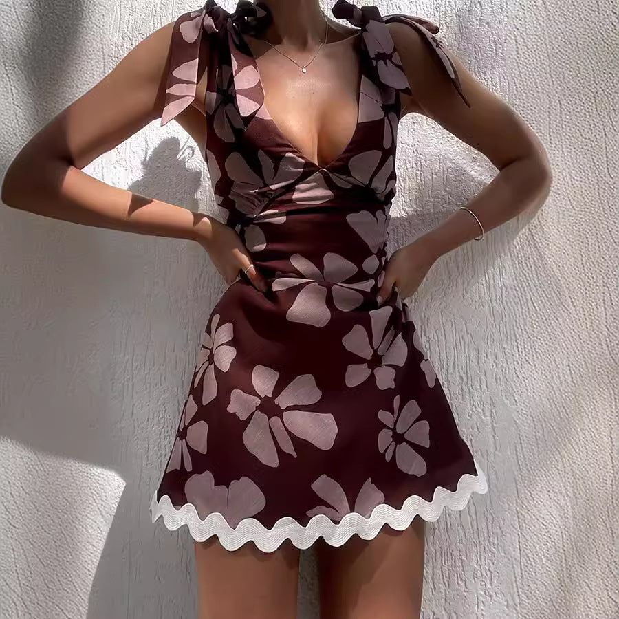 Spring Summer Lace Printing Sweet V neck Mini Dress Women Havill
