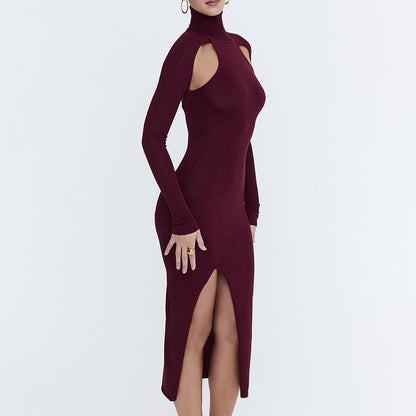Women Sexy Slim Deep Cerise Hollow Out Cutout Split Mid Length Dress