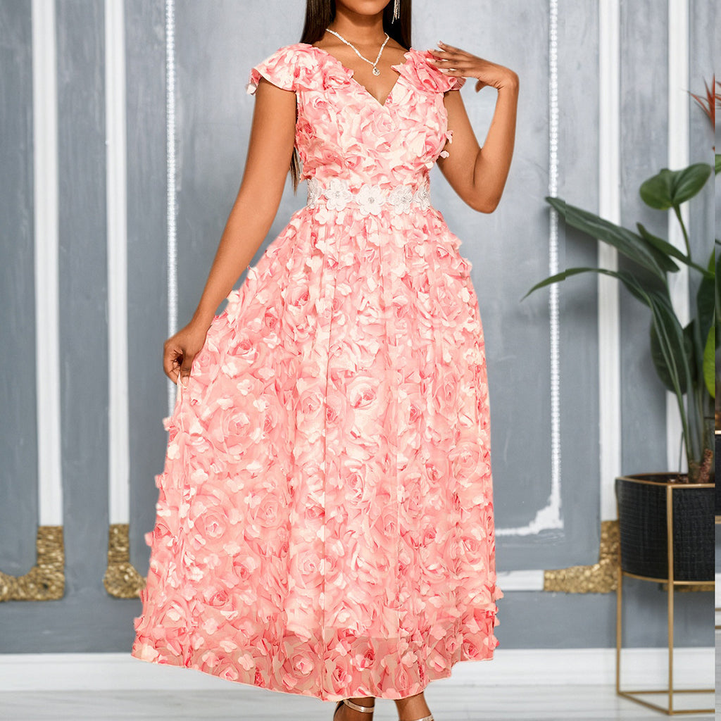 Vestido elegante de cóctel con escote en V, volantes, manga corta, estampado floral tridimensional, color rosa y cintura alta.