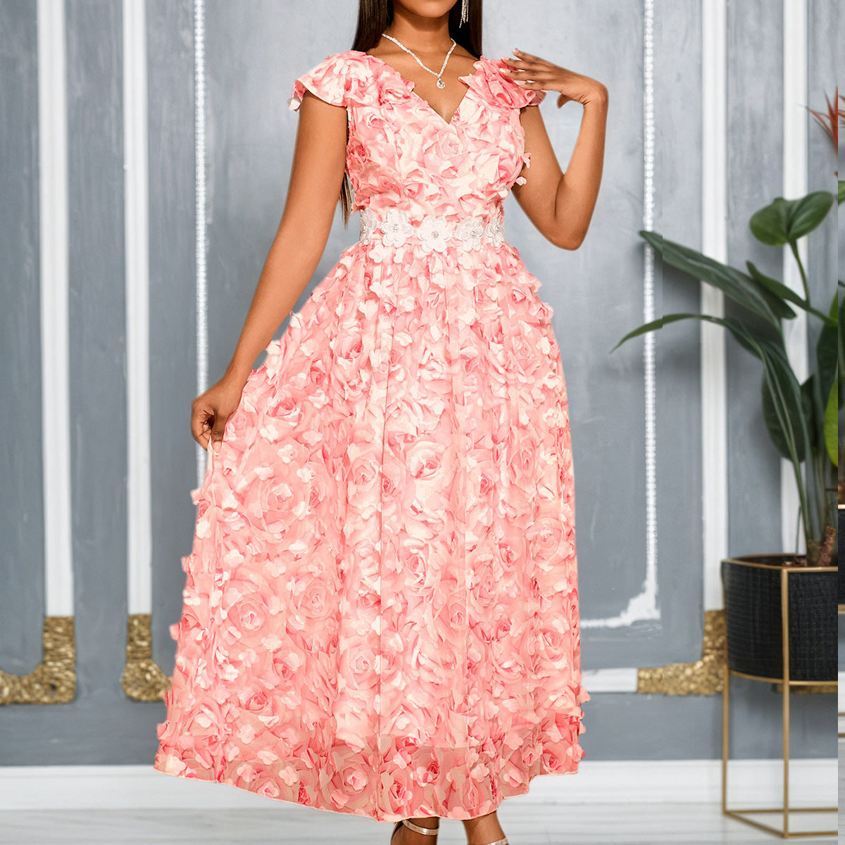 Vestido elegante de cóctel con escote en V, volantes, manga corta, estampado floral tridimensional, color rosa y cintura alta.