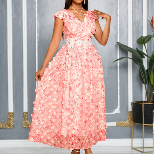Women Clothing V neck Flounce Short Sleeved Dress Rose Three Dimensional Floral Waist a Swing Cocktail Elegant Dress