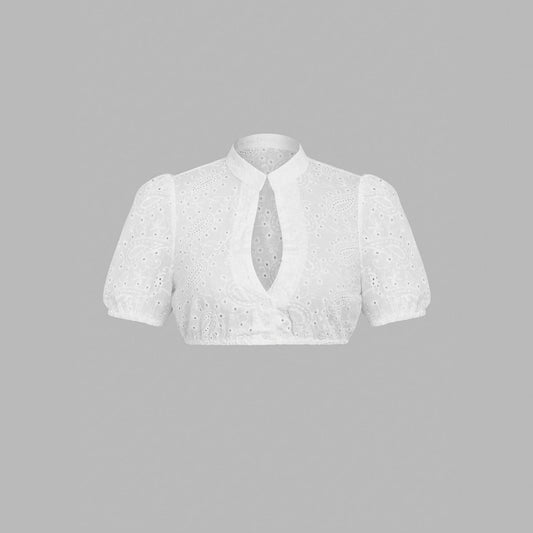 Camisa elegante de mujer con cuello en V, manga corta, sencilla, con aberturas y bordado