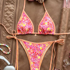 Printed Triangle Strap Small Embellished Sexy Split Bikini Swimsuit for Women WithWind