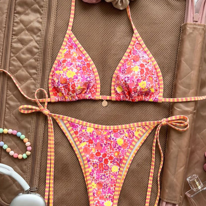 Printed Triangle Strap Small Embellished Sexy Split Bikini Swimsuit for Women WithWind