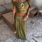Solid Color Tube Top Sexy off the Shoulder Split Swimsuit Women Bikini Skirt Set Thunder