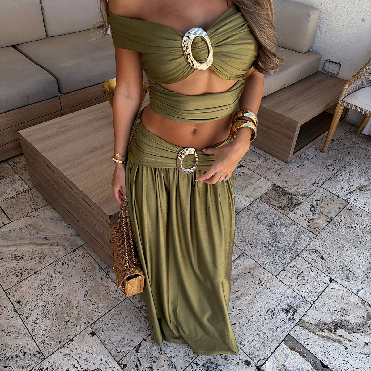 Solid Color Tube Top Sexy off the Shoulder Split Swimsuit Women Bikini Skirt Set Thunder