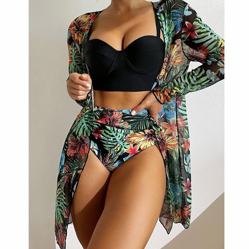Maillot de bain trois pièces sexy en maille pour femme, push-up, fendu, imprimé