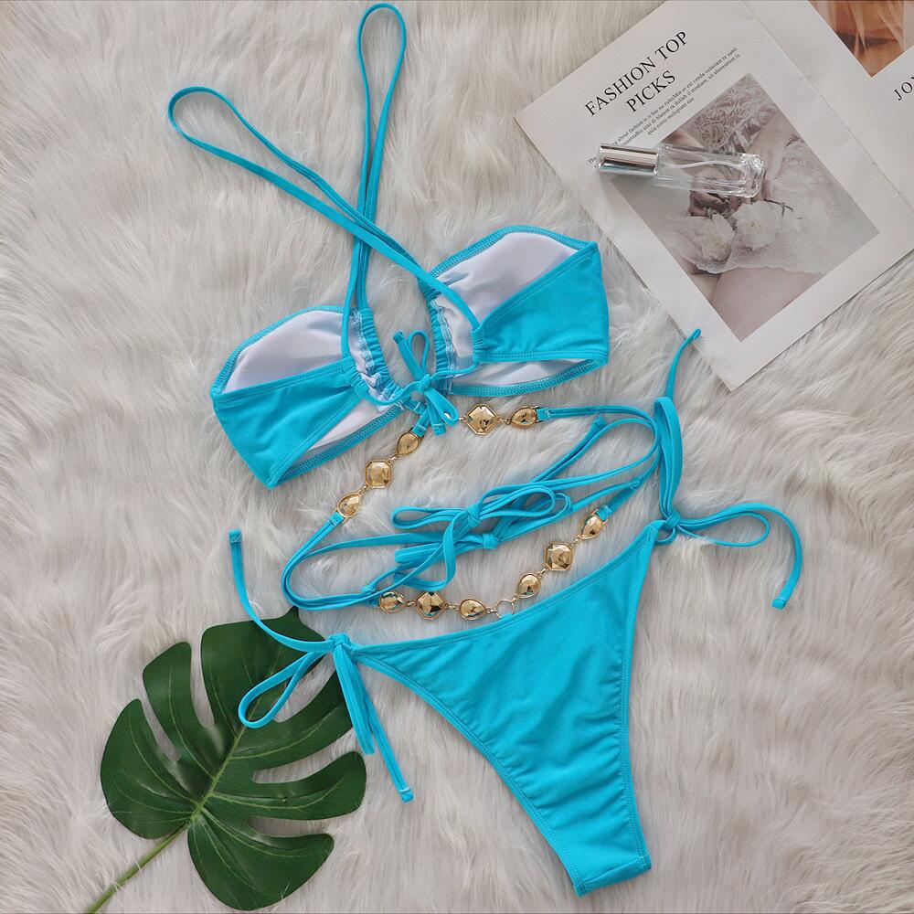 Bikini sexy con diamantes de cristal y cuello halter con tirantes cruzados para mujer, traje de baño para vacaciones en la playa