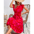 Summer Printed round Neck Ruffled Short Sleeve One Piece Dress for Women HNX