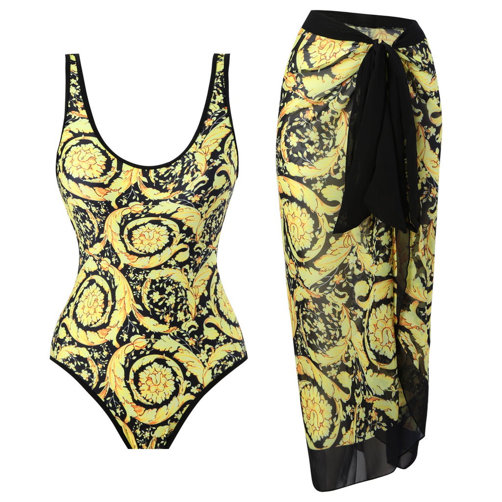 Flying Edge One Piece Women Swimwear Retro Cover Belly Slimming Swimsuit Chiffon Beach Dress