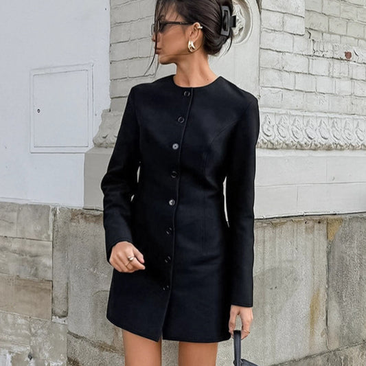 Vestido elegante de corte en A con cuello redondo, manga larga y cintura ajustada con diseño de nicho de otoño para mujer