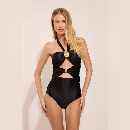 Sexy Tube Top Hollow Out Cutout out Pure Black Halter One Piece Swimsuit for Women One Piece Swimsuit