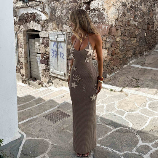 Sexy Sleeveless Halterneck with Suspenders Tied High Waist Elegant Knitted Dress