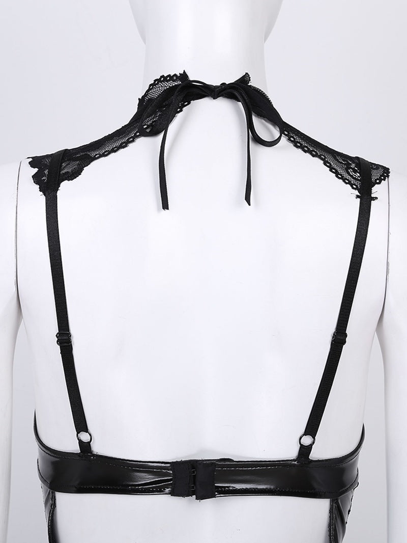 Sexy Leather Backless Lace Buckle Bobo Jumpsuit Sexy Suit