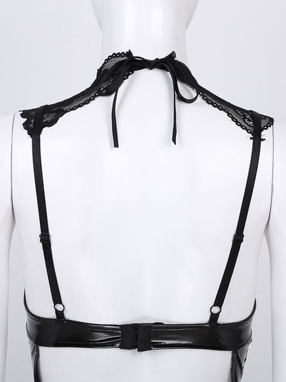 Sexy Leather Backless Lace Buckle Bobo Jumpsuit Sexy Suit
