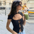 Women Clothing Polka Dot Printed Cardigan Lace up Short Sleeve T shirt Top Flash Vision