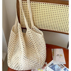 Casual Large Capacity Cotton Thread Woven Bag Hollow Out Cutout Straw Bag Idle Shoulder Bag Vacation Beach Bag Women Bag EaseWoven
