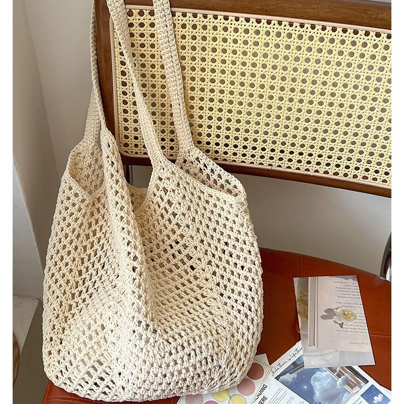 Casual Large Capacity Cotton Thread Woven Bag Hollow Out Cutout Straw Bag Idle Shoulder Bag Vacation Beach Bag Women Bag EaseWoven