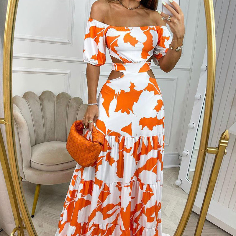 Summer Women Clothing Printed Elegant off Shoulder High Waist Hollow Out Cutout out Ruffled Dress for Women Romance