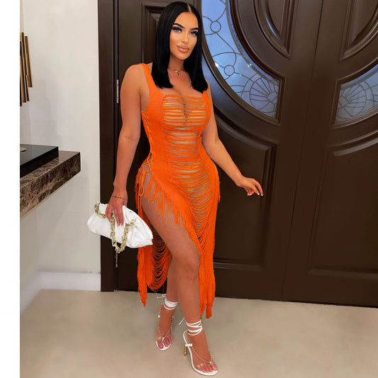 Spring Summer Women Dress Sexy Hollow Out Cutout Beach Cover Up Tassel Beach Dress