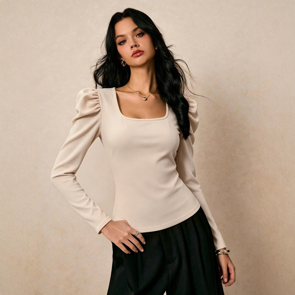Women Clothing Square Collar Long Sleeved T shirt Women Pleated Waist Tight Slimming Elegant Bottoming Top Yiskiss