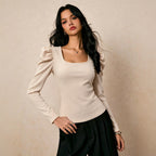Women Clothing Square Collar Long Sleeved T shirt Women Pleated Waist Tight Slimming Elegant Bottoming Top Yiskiss