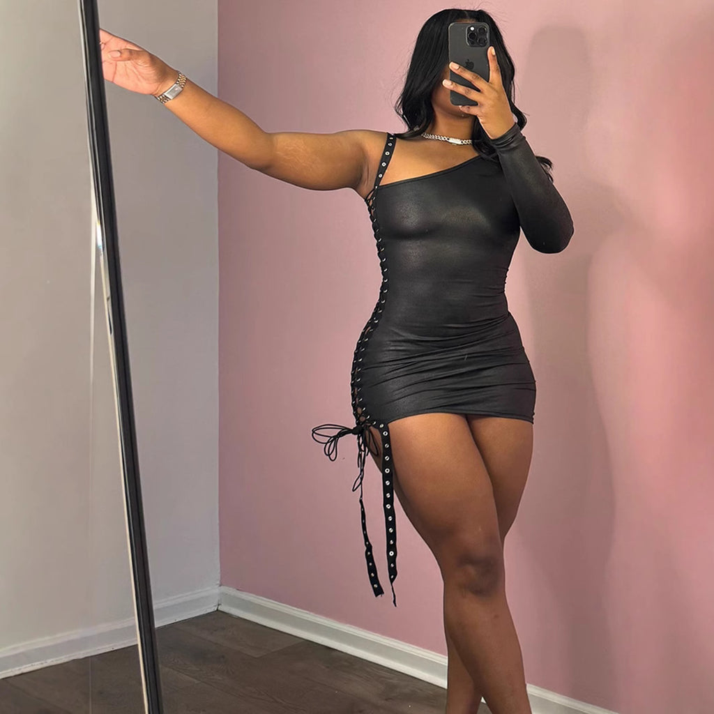 Robe à col diagonal pour femme, avec ruban ajouré, découpe, simple côté, manches longues, pull-over, hanches