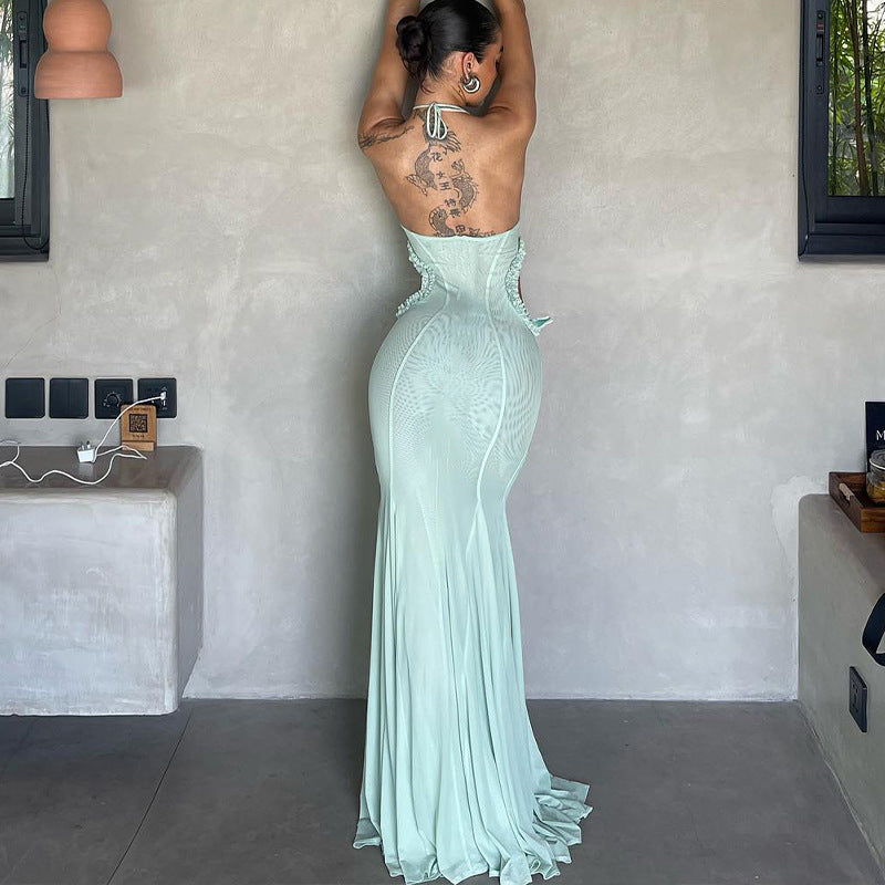 Vestido de fiesta ajustado con cuello halter y decoración de mariposas con hombros descubiertos sexy de otoño para mujer