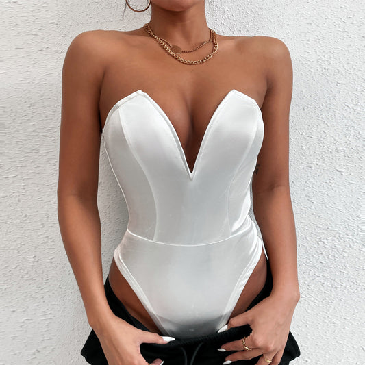 Women Tight Bottoming Shirt Slim Fit Figure Flattering Bodysuit Sexy V-neck Tube Top Bodysuit