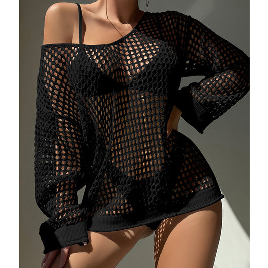 Summer Vacation Sexy Cutout Big round Neck Loose Pullover Bikini Sunscreen Knitted Beach Cover up Crochet hook