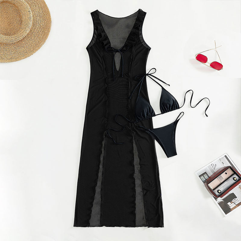 Robe longue de plage, bikini à bretelles, protection solaire, maillot de bain trois pièces en maille pour femmes