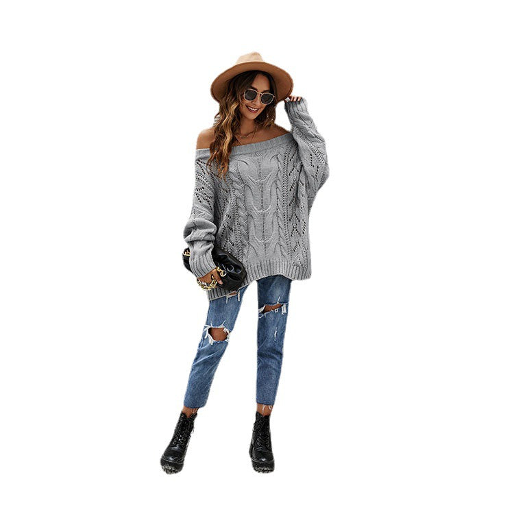 Suéter holgado de talla grande con hombros descubiertos para otoño e invierno, jersey de color liso con hombros descubiertos para mujer
