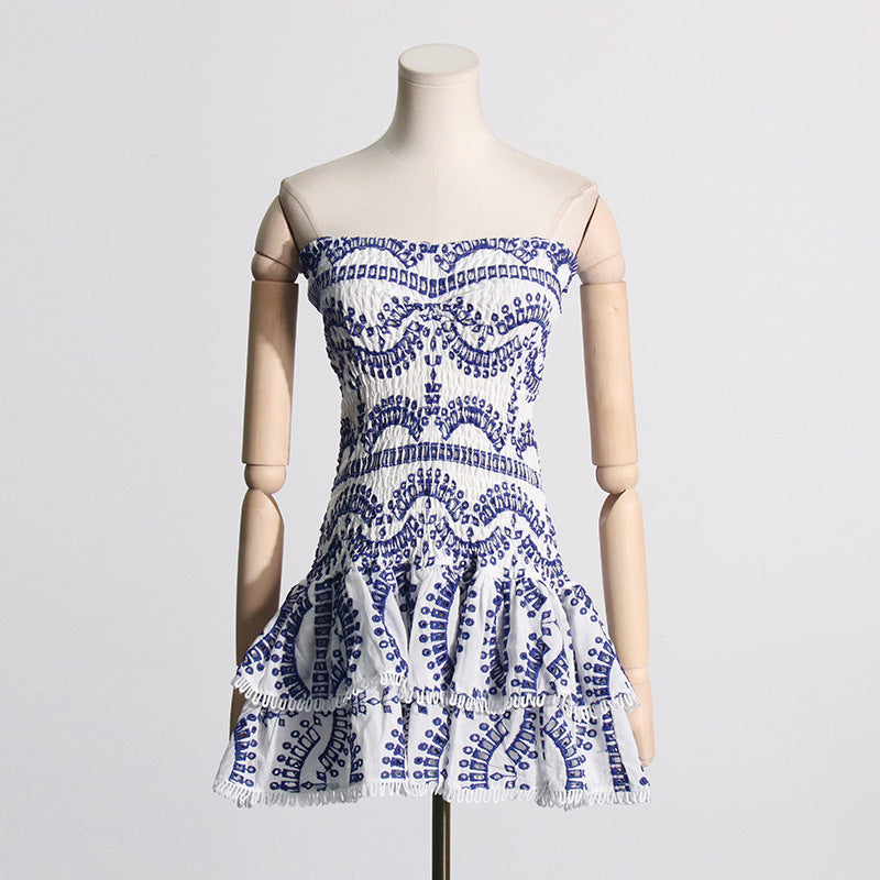 Spring Sexy Sexy Elastic Waist Tube Top Embroidered Ruffled Short Dress for Women BOCAS