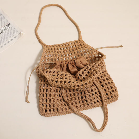 Bolso de algodón tejido portátil con recortes ahuecados, bolso de paja informal, bolso de playa para vacaciones, bolso para mujer que combina con todo 