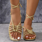 Casual Ankle Ring Bandage Cloth Flat Sandals Women Arrival Knitted Belt Open Toe Golden Beach Sandals ZUIMEI
