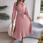 Robe longue élégante automne-hiver à col montant, manches longues et plissée, taille S, vêtements pour femmes