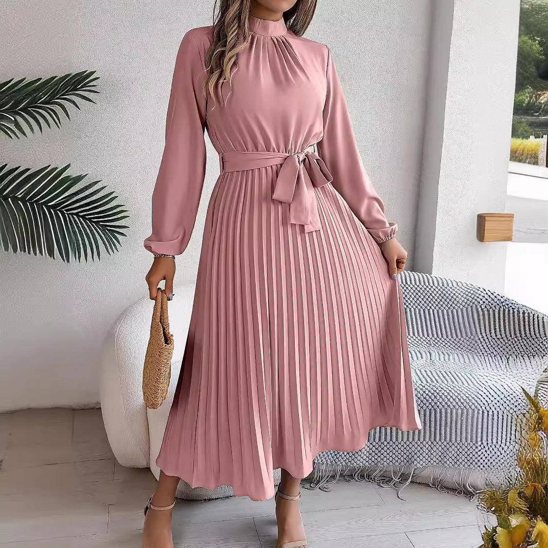 Robe longue élégante automne-hiver à col montant, manches longues et plissée, taille S, vêtements pour femmes