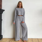Gray Long Sleeve Trousers Pajamas Set Winter Wheat Jacquard Home Wear for Women BlueLine