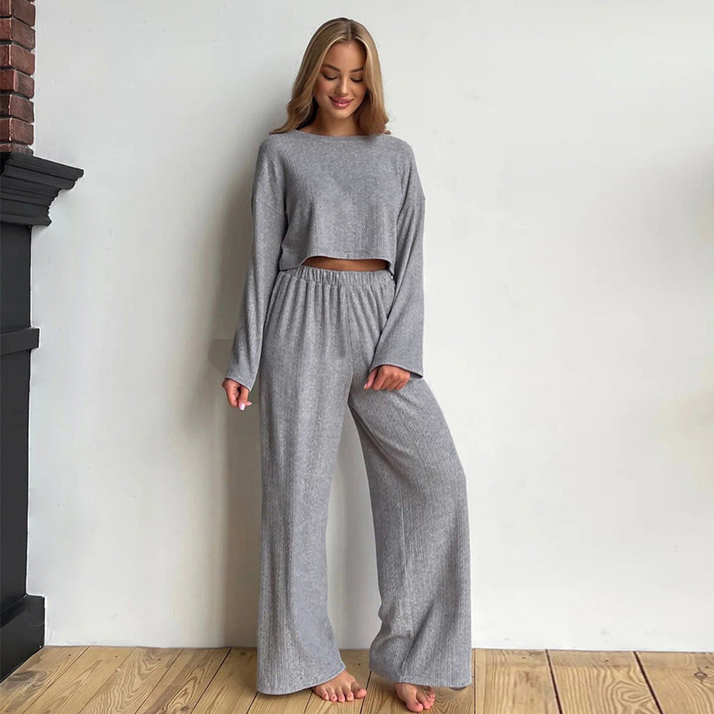 Gray Long Sleeve Trousers Pajamas Set Winter Wheat Jacquard Home Wear for Women BlueLine