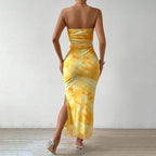 Printed Dress Spring Summer Women Clothing High Waist Slit Tube Top Dress Yiskiss