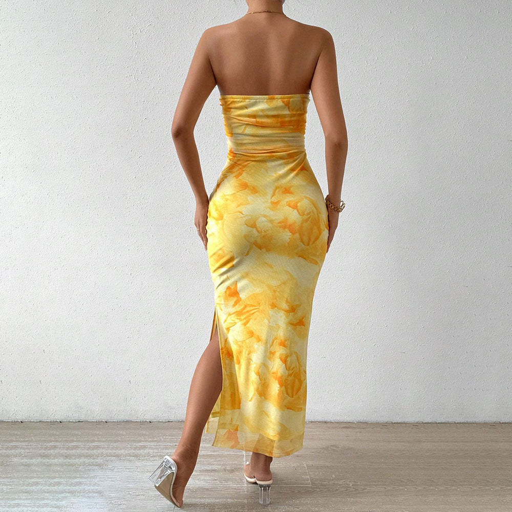 Printed Dress Spring Summer Women Clothing High Waist Slit Tube Top Dress Yiskiss
